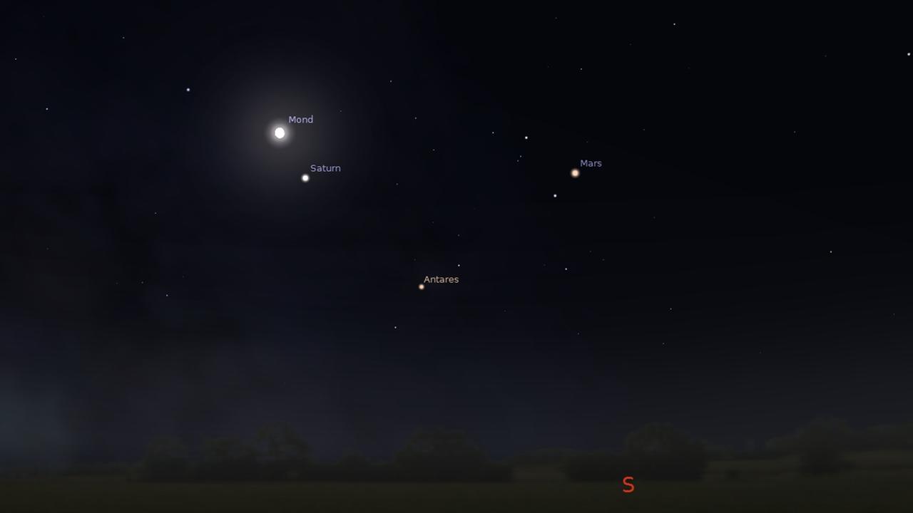 Mond, Saturn, Mars und Antares heute Nacht am Südhimmel