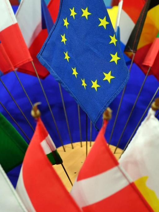 Sie sehen die Flaggen der Mitgliedsstaaten der EU, zusammen mit der EU-Flagge auf einem Tisch.