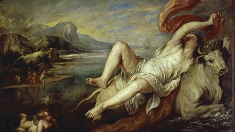 Rubens, Peter Paul 15771640. Der Raub der Europa, 1628/29. (Jupiter, in Gestalt eines Stieres, entführt die Königstochter durch das Meer;  Ovid, Met. II, 835877). Kopie nach einem Gemälde von Tizian. Öl auf Leinwand, 181 × 200 cm. Cat. 1693 Madrid, Museo del Prado. |