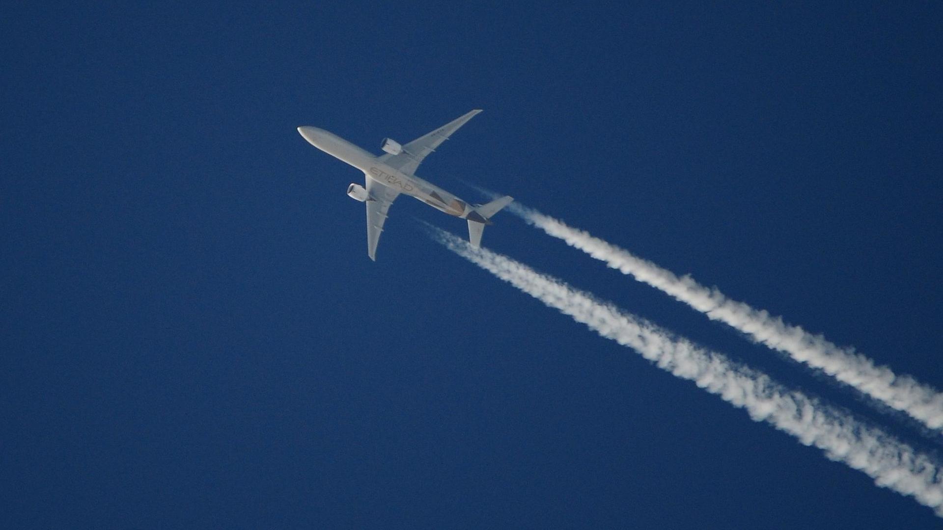 Flugzeug von Etihad Airways in der Luft.