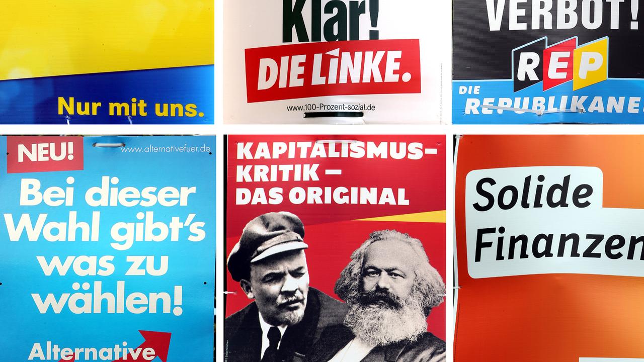Die Extreme berühren sich – jedenfalls bei diesen Plakaten zur Bundestagswahl 2013. In guter Nachbarschaft sind AfD, Die Republikaner, Die Linke und die MLPD zu finden.