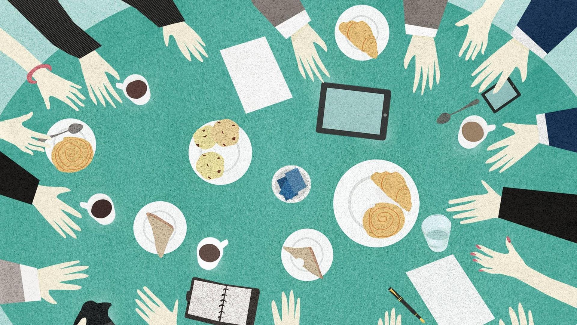 Illustration: Draufsicht auf einen Tisch, um den sich viele Menschen zum Frühstück treffen.