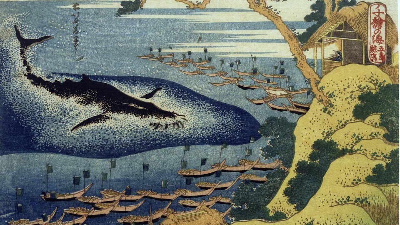 Walfischfang vor den Gotô-Inseln, zwischen 1832 und 1834, aus der Serie: Tausend Ansichten der Meere (chie no umi), Mehrfarbendruck, chuban, 19,1 × 25,9 cm, Tokio, Sumida City
