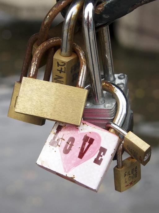 Liebe Vorhängeschlösser auf einer Amsterdamer Brücke, Niederlande, Europa | Verwendung weltweit, Keine Weitergabe an Wiederverkäufer.