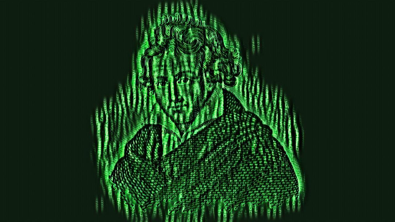Eine Illustration von Beethoven aus grünen Zahlen und Zeichen, angelehnt an den Film Matrix