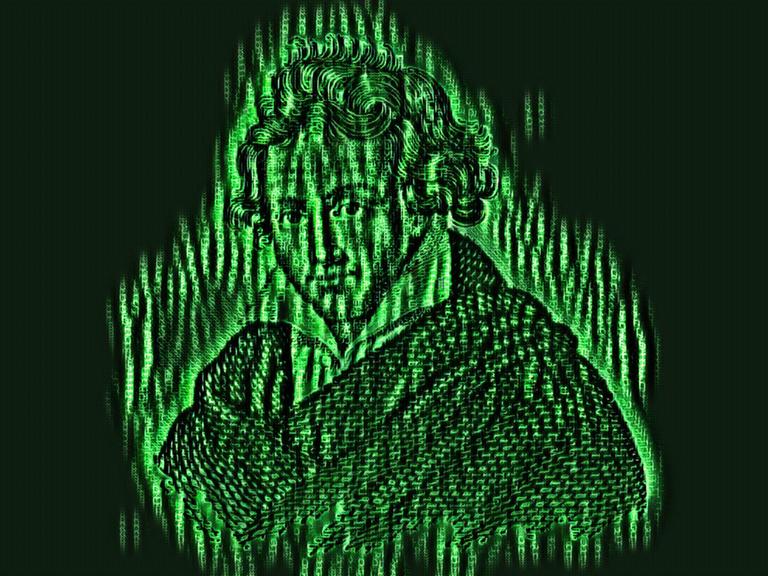 Eine Illustration von Beethoven aus grünen Zahlen und Zeichen, angelehnt an den Film Matrix
