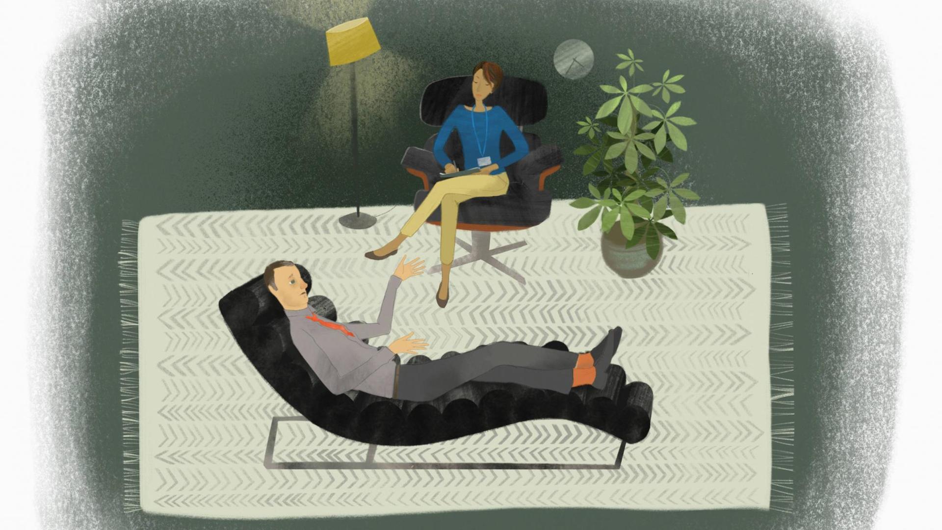 Illustration: Ein Mann liegt auf einer Couch und spricht mit einer Therapeutin.
