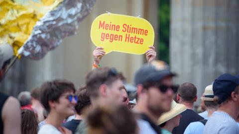 Ein Teilnehmer hält während der "Glänzenden Demonstration" gegen die AfD vor dem Brandenburger Tor ein Schild ("Meine Stimme gegen Hetze") in die Höhe.