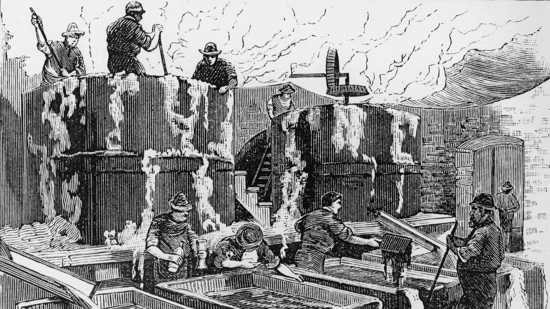 Fabrikation von Kunstbutter in Amerika (Holzstich): Oleomargarin, hergestellt aus Rindertalg und Schweinefett nach dem 1869 patentierten Verfahren des französischen Chemikers Hippolyte Mege-Mouries.