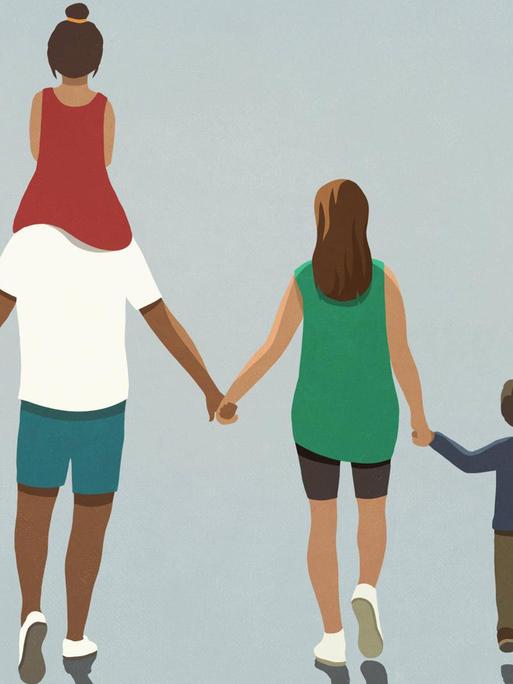Eine Illustration zeigt Eltern mit zwei Kindern, die sich beim Gehen an den Händen halten.
