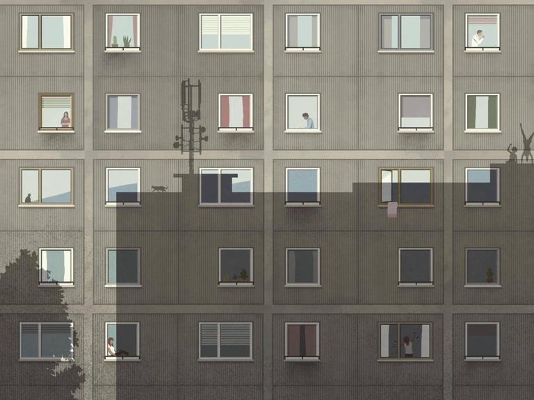 Die Illustration zeigt die Fassade eines grauen Plattenbaus, auf dem der Schatten eines anderen Hochhauses zu sehen ist, auf dem Leute Handstände machen.