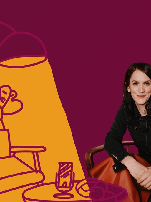 Das Podcast-Logo von "Off the Record – Der Musikpodcast" zeigt Podcast-Gastgeberin Veronika Schreiegg lächelnd in einem Sessel. Im weinroten Hintergrund ist eine Illustration mit einer gelb leuchtenden Stehlampe und einem Wohnzimmersessel zu sehen.