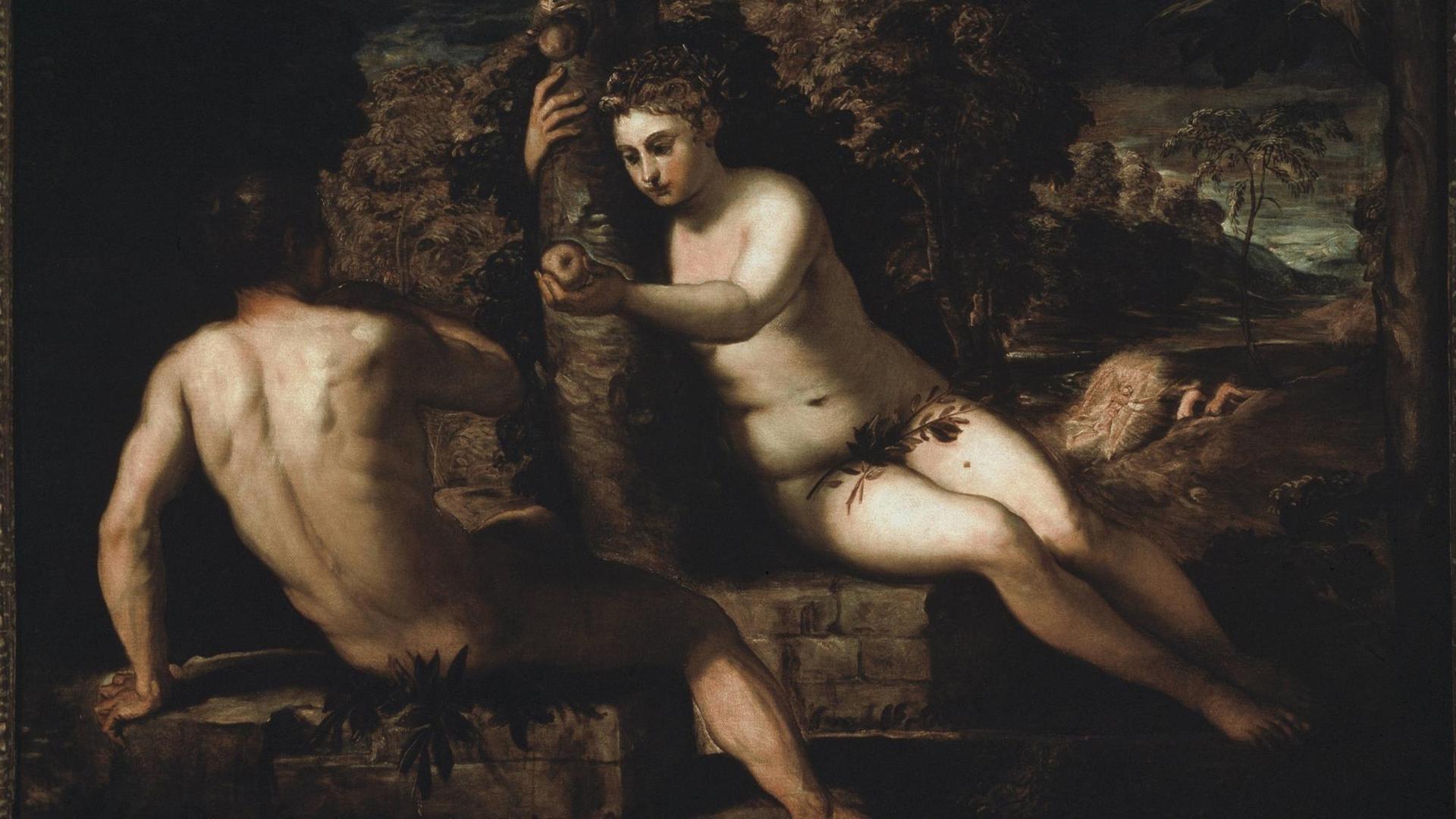 Das Gemälde "Adam und Eva" von Jacopo Tintoretto (1518-1594): Eva reicht Adam den Apfel.