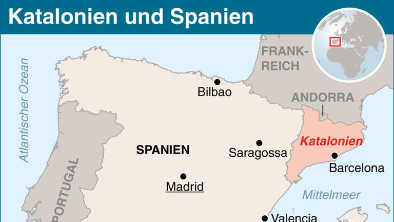 Auf einer Landkarte sind Spanien und die Region Katalonien zu sehen.