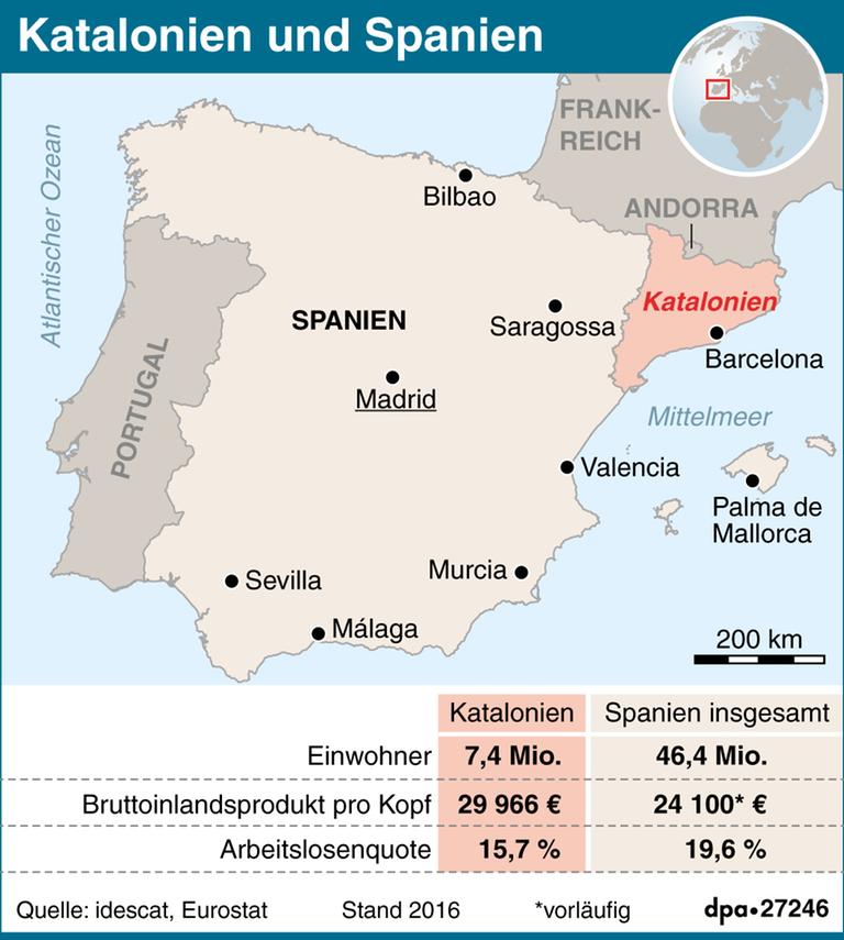 Karte: Spanien und die Region Katalonien; Hochformat 90 x 100 mm; Redaktion: J. Schneider; Grafik: J. Reschke (Wiederholung)