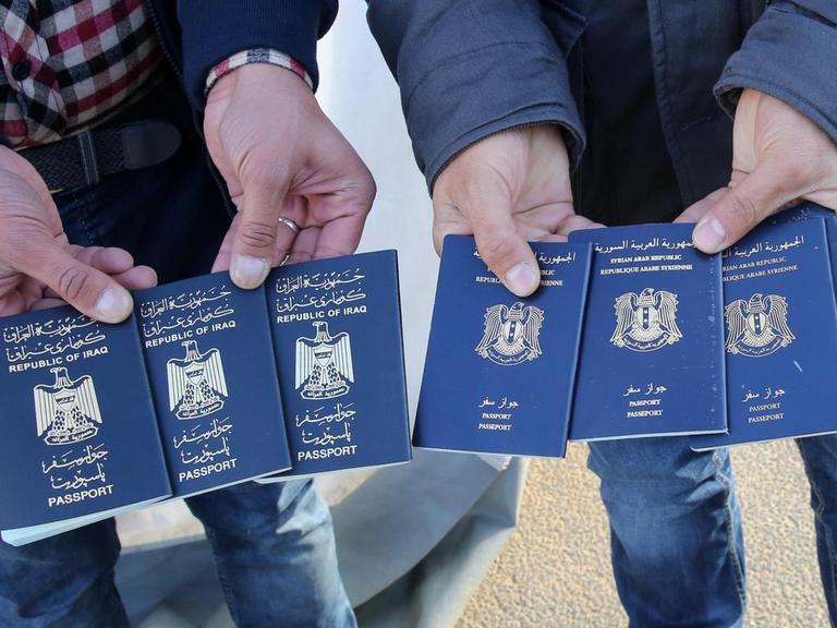 Im Seehafen Rostock (Mecklenburg-Vorpommern) zeigen am 12.11.2015 Transitflüchtlinge Pässe (aus dem Irak und Syrien), die sie vorlegen müssen, um für sich und Mitreisende Tickets für eine Fähre nach Schweden kaufen zu können.