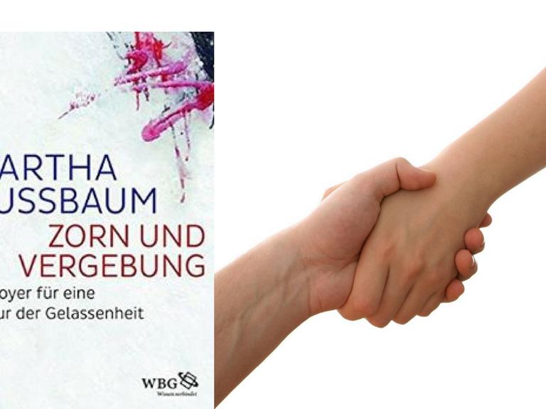 Buchcover: "Marta Nussbaum: Zorn und Vergebung" und Händedruck