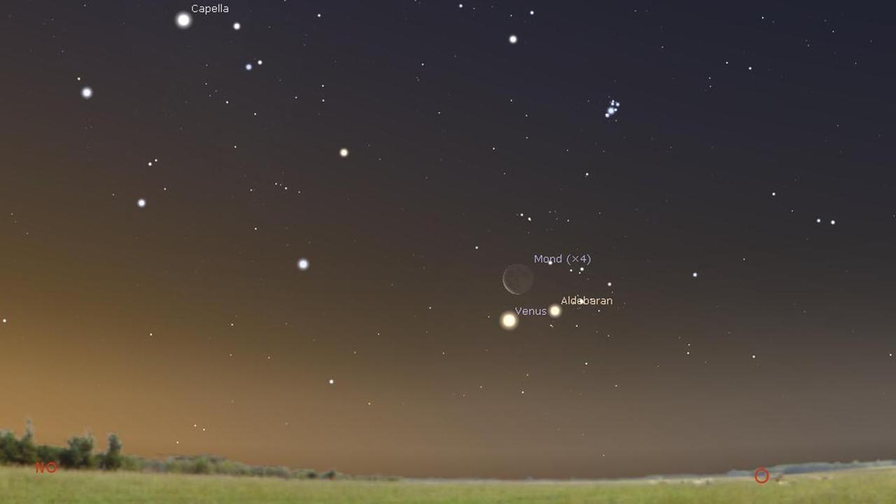 Morgen früh gegen 4 Uhr zeigen sich Venus, die Mondsichel und Aldebaran am Osthimmel