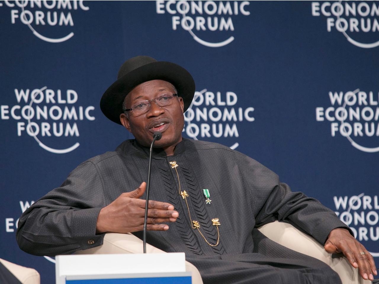 Nigerias Präsident Goodluck Jonathan beim Weltwirtschaftsforum in Abuja, Nigeria am 8. Mai 2014