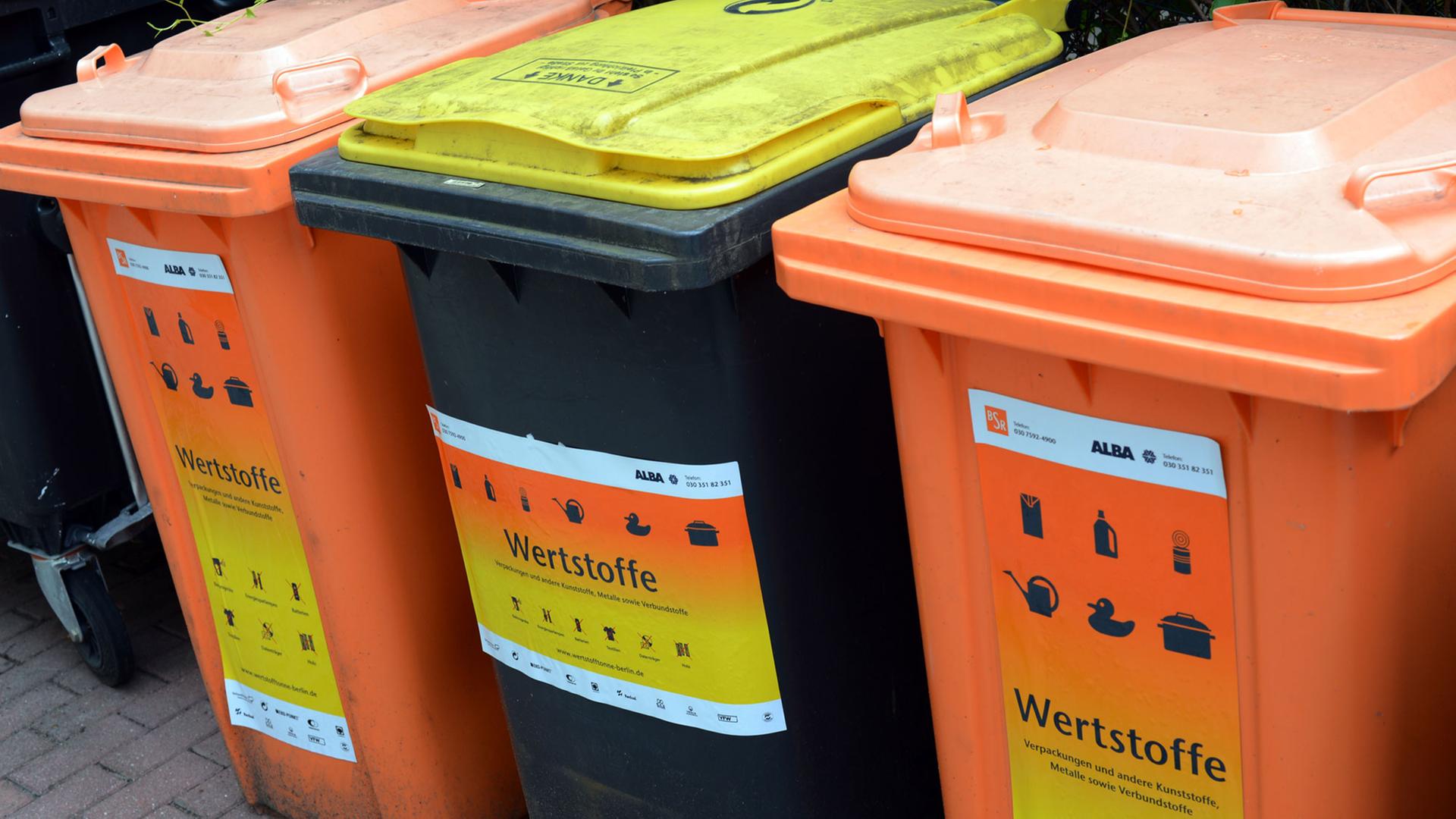 Ehemalige Sammeltonnen "Orange Box" der BSR und "Gelbe Tonne" von Alba sind als einheitliche Wertstofftonnen am 12.08.2013 in Berlin Karlshorst gekennzeichnet. In der Wertstofftonne werden Kunststoffe, Metall und Verbundmaterialien gesammelt. Foto: Jens Kalaene/dpa