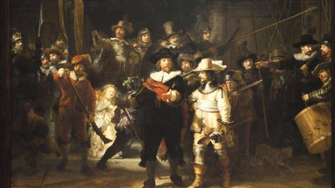 Ausschnitt aus dem Gemälde "Die Nachtwache" (1642) von Rembrandt. Öl auf Leinwand. 363 x 437 cm.