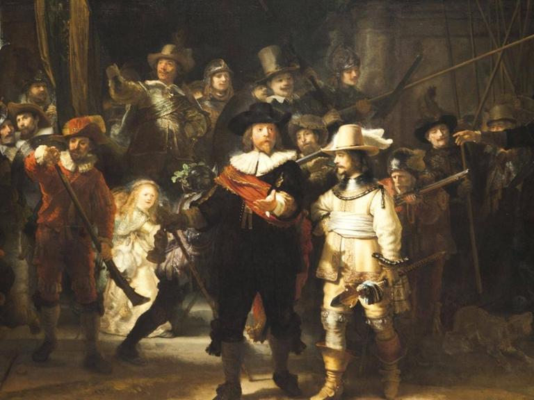 Ausschnitt aus dem Gemälde "Die Nachtwache" (1642) von Rembrandt. Öl auf Leinwand. 363 x 437 cm.