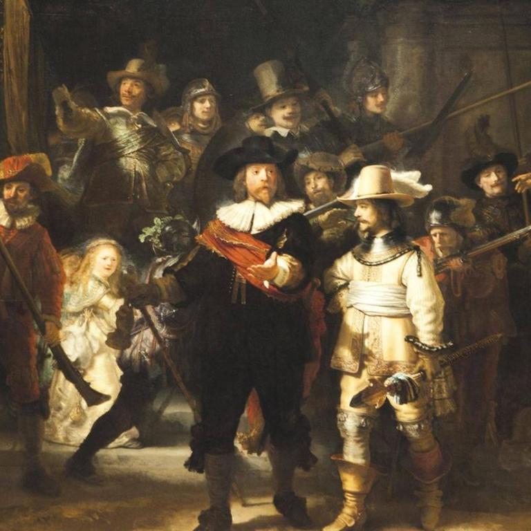 Ausschnitt aus dem Gemälde "Die Nachtwache" (1642) von Rembrandt. Öl auf Leinwand. 363 x 437 cm.