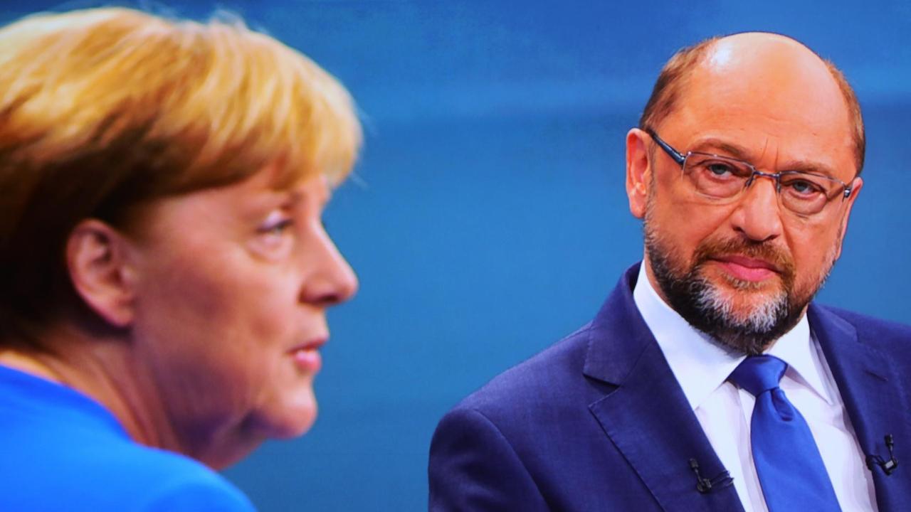 Screenshot des TV-Duellls zwischen der Bundeskanzlerin und CDU-Vorsitzenden Angela Merkel und dem SPD-Kanzlerkandidaten und SPD-Vorsitzenden Martin Schulz am 03.09.2017 in Berlin.