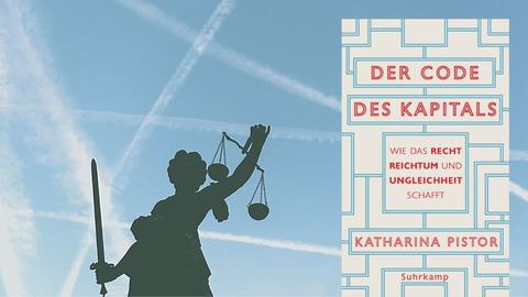 Hintergrundbild: Die "Justitia", Göttin der Justiz und der Gerechtigkeit, steht auf dem Gerechtigkeitsbrunnen in Frankfurt am Main. Vordergrund: Buchcover