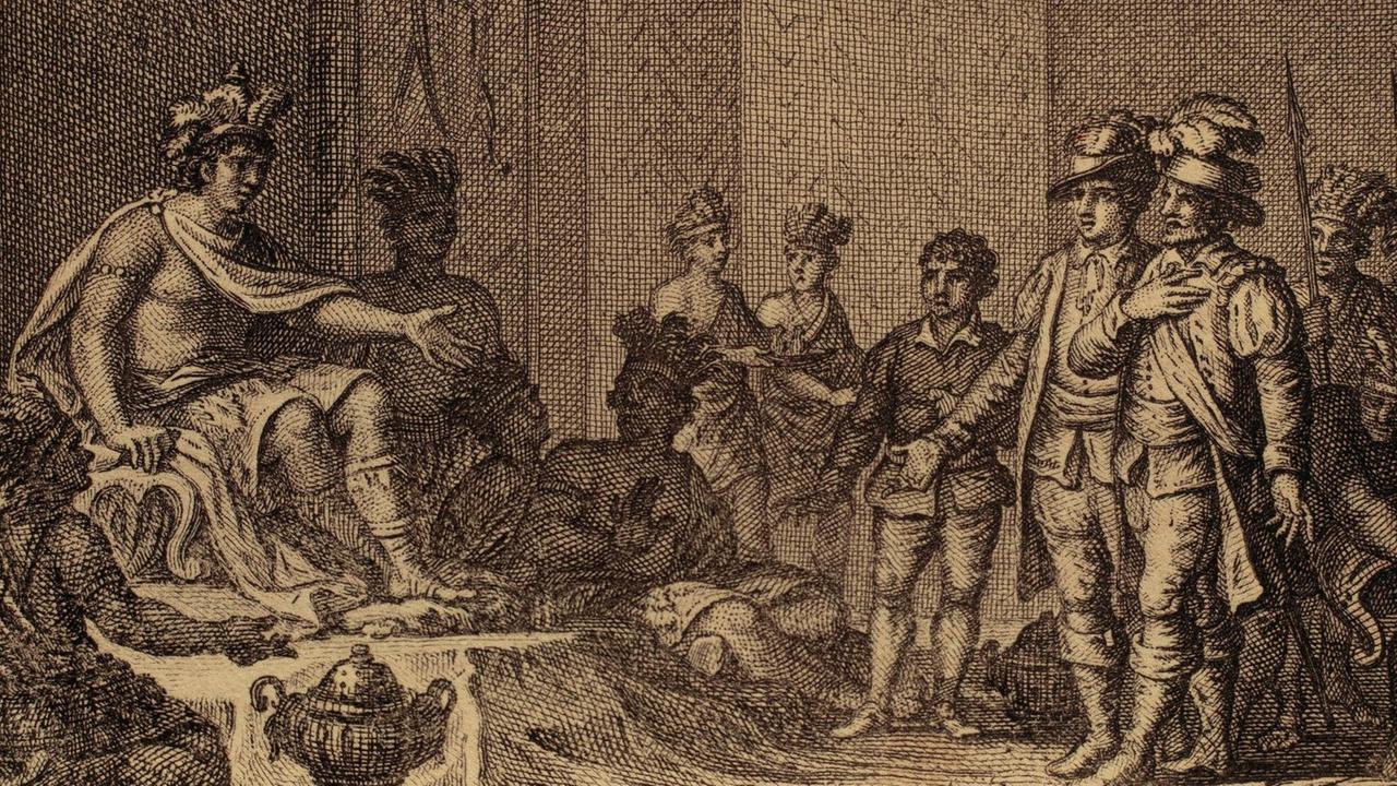 Ein alter Stich aus dem 19. Jahrhundert zeigt eine Szene aus der gewaltsamen Eroberung Südamerikas im frühe 16. Jahrhundert: Der Inkaherrscher Atahualpa begegnet Francisco Pizarro und Hernando de Soto.