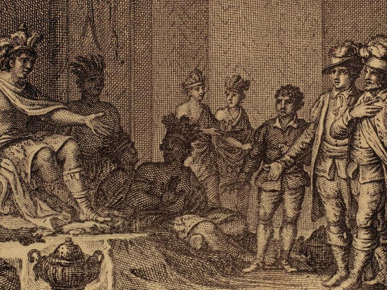 Ein alter Stich aus dem 19. Jahrhundert zeigt eine Szene aus der gewaltsamen Eroberung Südamerikas im frühe 16. Jahrhundert: Der Inkaherrscher Atahualpa begegnet Francisco Pizarro und Hernando de Soto.