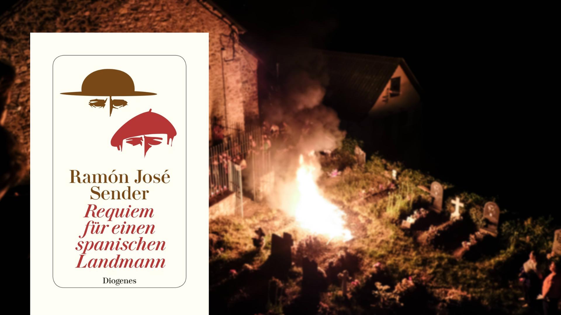 Cover von Ramón José Sender: "Requiem für einen spanischen Landmann"; im Hintergrund ist ein Feuer auf einem Friedhof im Norden Spaniens zu sehen