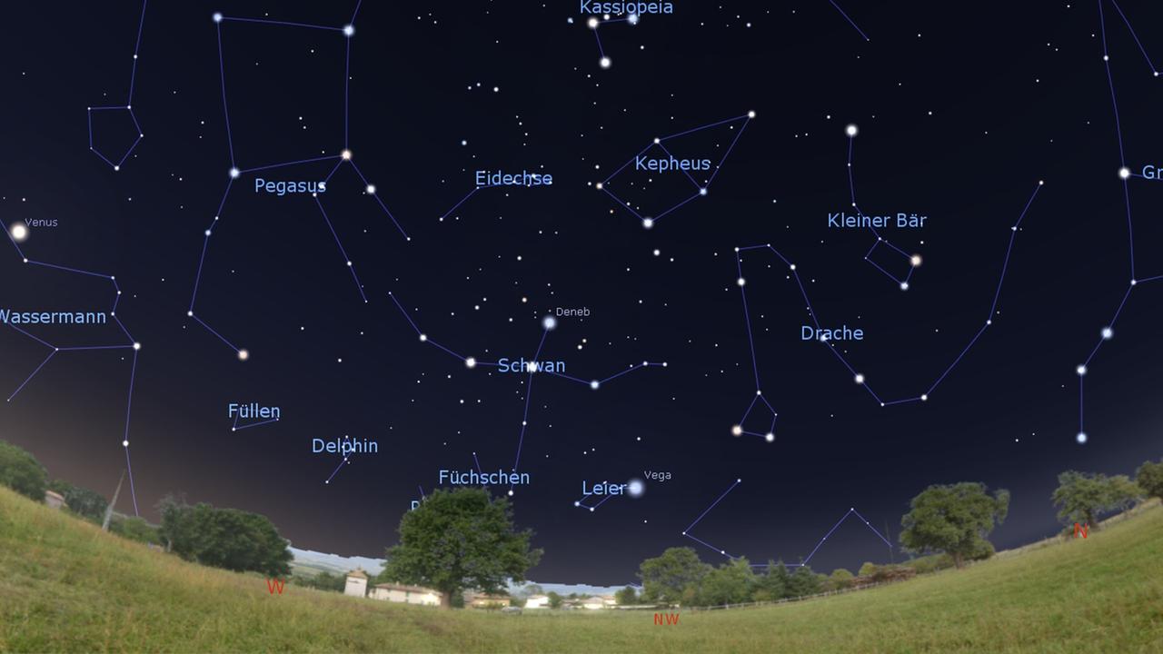Grafik mit den Sternbildern Kepheus, Eidechse, Schwan und Drache am Abend im Nordwesten