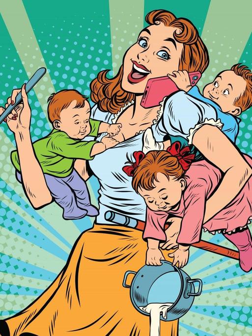 Eine Comic-Babysitterin passt gleichzeitig auf drei Kinder auf, die sich alle an sie klammern.