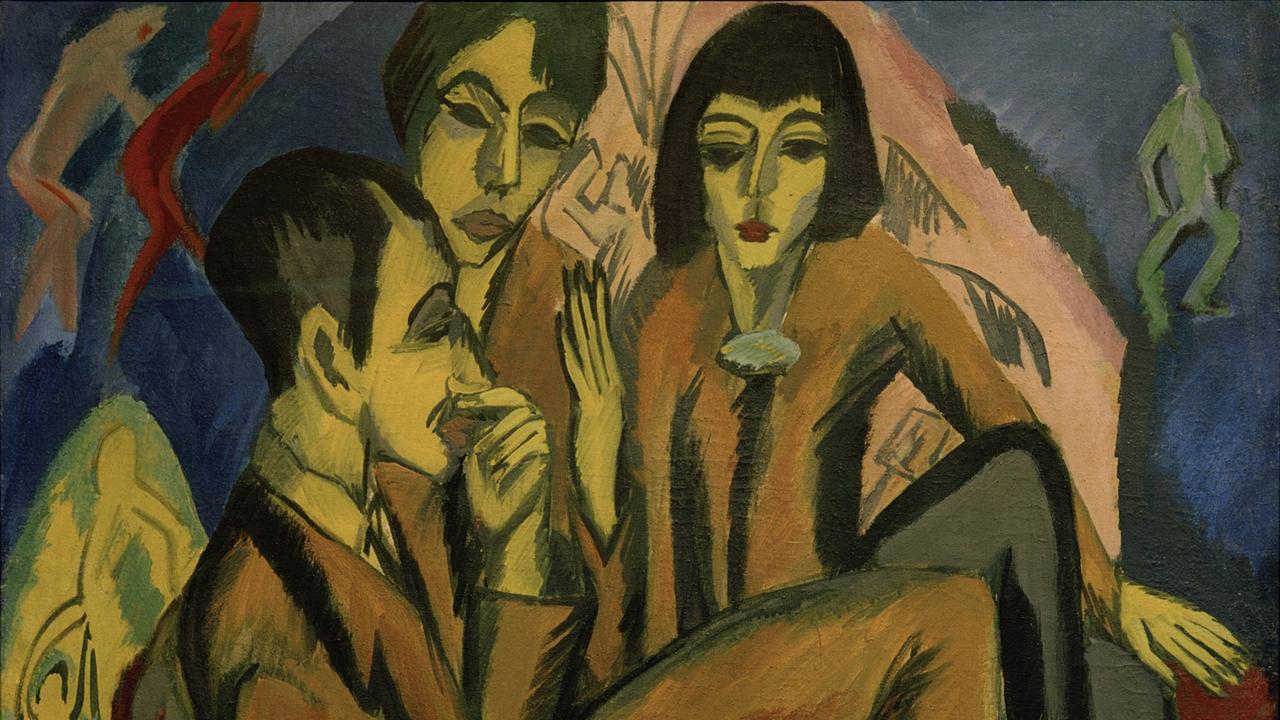 Gemälde "Die Künstlergruppe (Unterhaltung der Künstler" (1912) von Ernst Ludwig Kirchner.