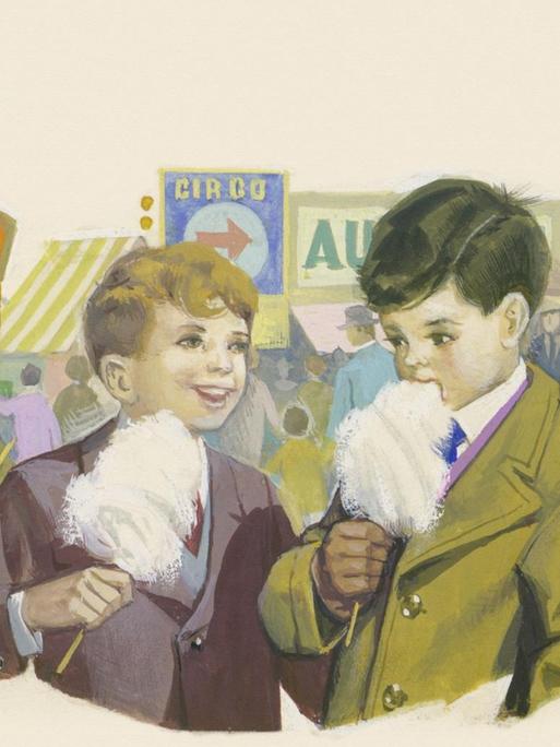 Eine bunte Zeichnung zeigt zwei Jungs, die fröhlich Zuckerwatte auf einem Jahrmarkt genießen.
