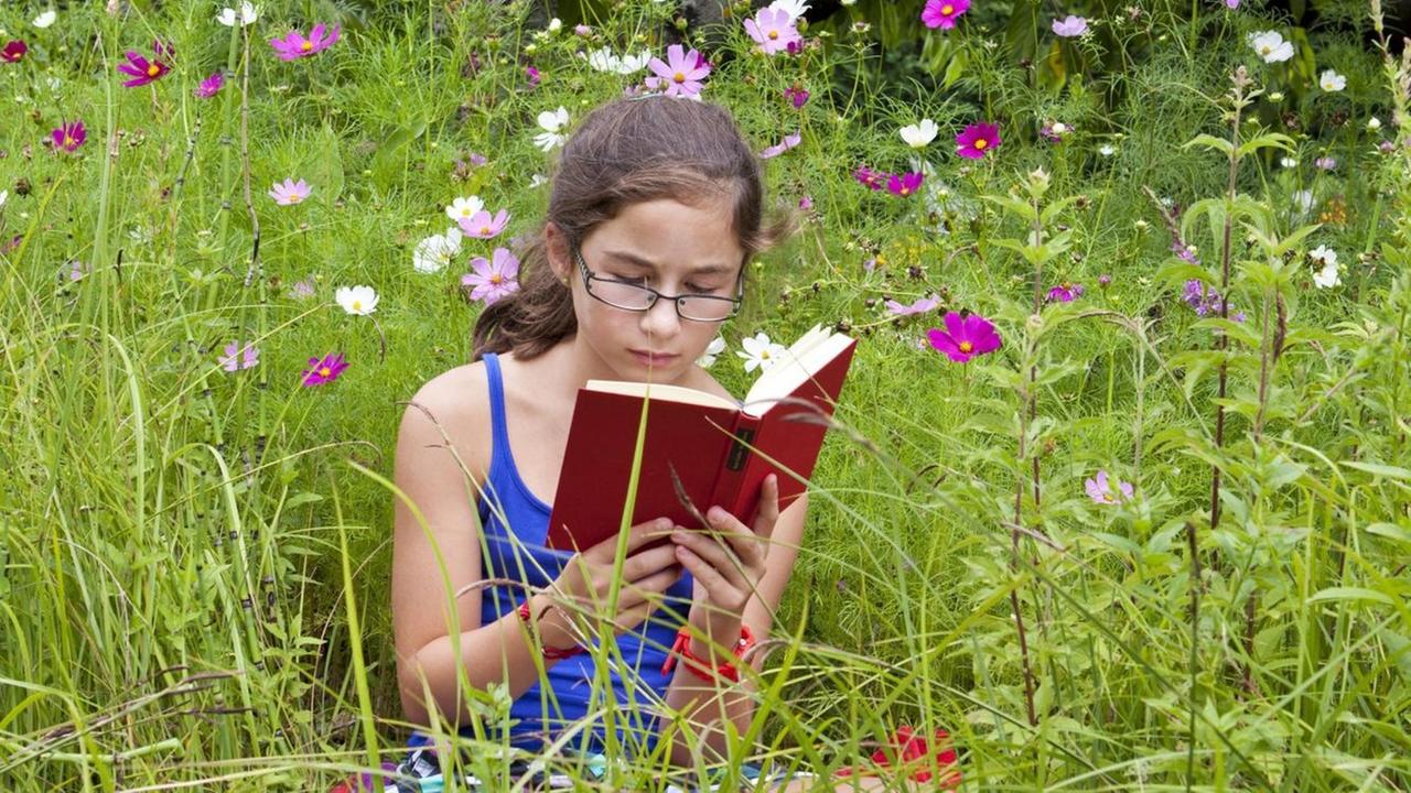 Ein etwa elfjähriges Mädchen liest ein Buch inmitten einer Blumenwiese in freier Natur.