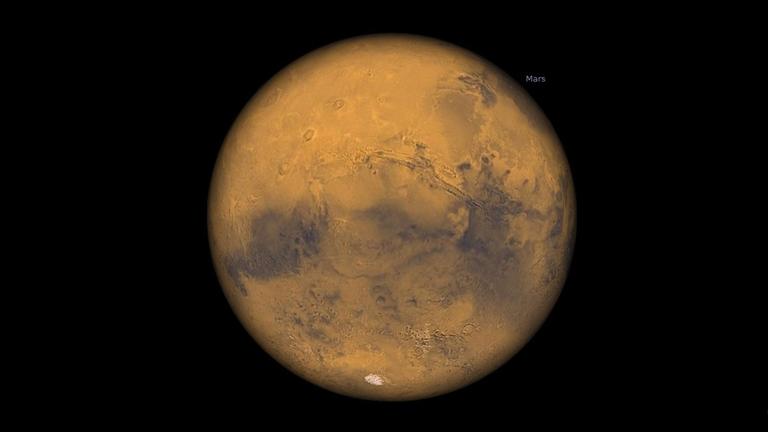 So erschiene Mars einem Beobachter auf der Sonne zur Mars-Wintersonnenwende - der Südpol (unten) ist der Sonne zugewandt