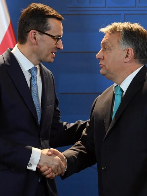 Der Premierminister Polens Mateusz Morawiecki und Ungarns Viktor Orban beim Handschlag im ungarischen Parlament