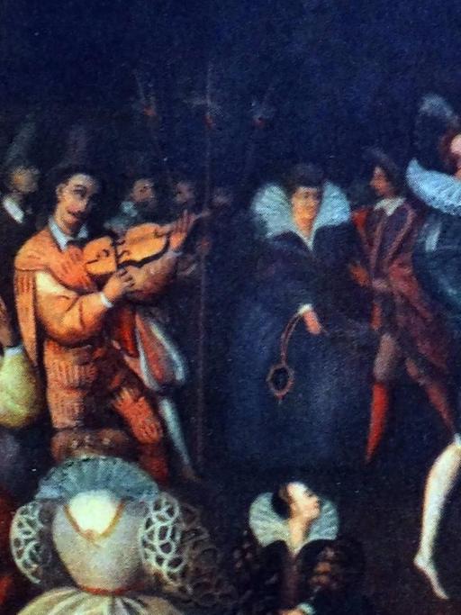 Queen Elisabeth I. ist auf einem Gemälde während eines Festes tanzend und von Musikern und Gästen umgeben zu sehen.