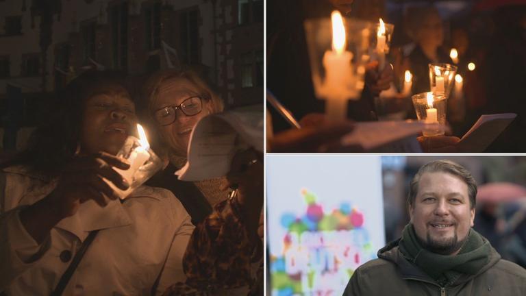 Drei Bilder zeigen brennende Kerzen, zwei Frauen, mit mit einer brennenden Kerze in der Hand gemeinsam singen und ein junger Mann vor einem Plakat der Aktion "3. Oktover - Deutschland singt2.