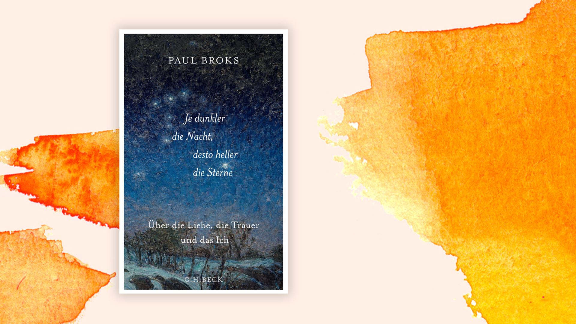 Das Cover des Buches von Paul Broks, "Je dunkler die Nacht, desto heller die Sterne", zeigt eine Winterlandschaft, der nächtliche Himmel ist blau, die Sterne funkeln.