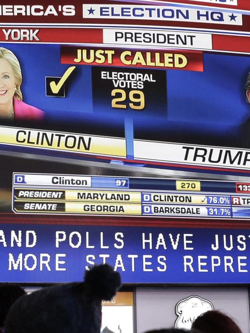 Auf dem großen TV-Bildschirm wird der Sieg Hillary Clintons in New York angezeigt.