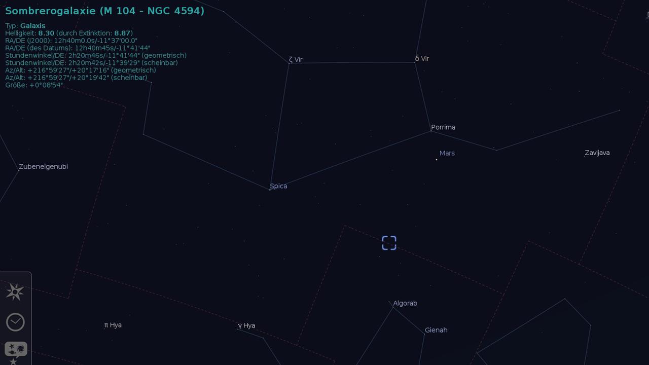 Die Position der Sombero-Galaxie nahe der Grenze zwischen den Sternbildern Jungfrau und Rabe Die Position der Sombero-Galaxie nahe der Grenze zwischen den Sternbildern Jungfrau und Rabe