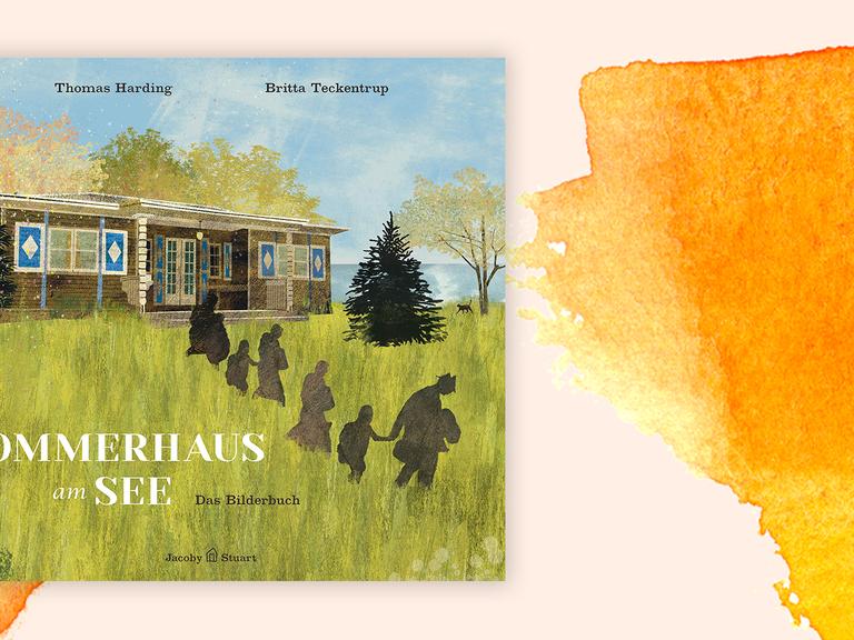 Das Buchcover vom Bilderbuch "Sommerhaus am See" zeigt ein in einer Zeichnung ein Holzaus inmitten von Bäumen und einer Wiese. Im Hintergrund ist ein See zu sehen. Im Vordergrund bewegt sich eine Familie.