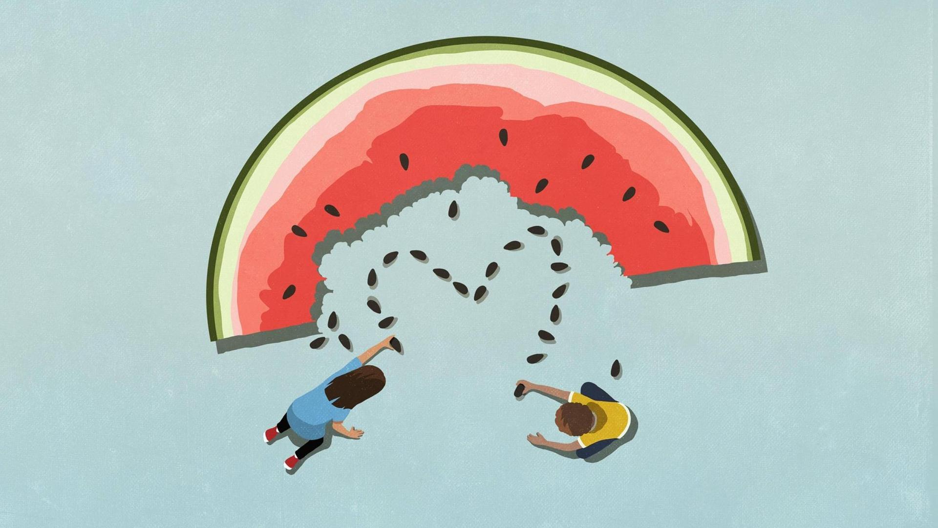 Illustration: Ein Mädchen und ein Junge formen ein Herz aus Wassermelonenkernen.