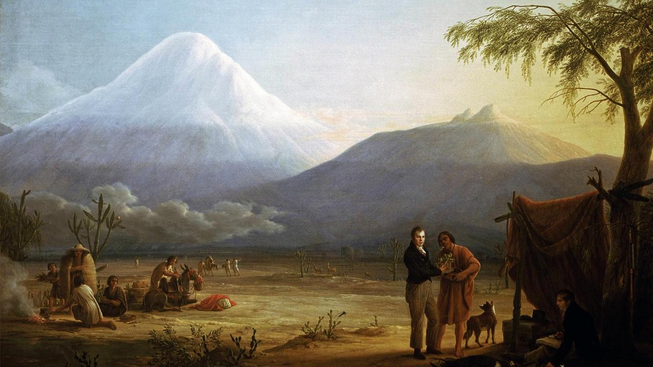 Ein Gemälde zeigt Alexander von Humboldt mit Aimé Bonpland im Tal von Tapia am Fuß des Vulkans Chimborazo.