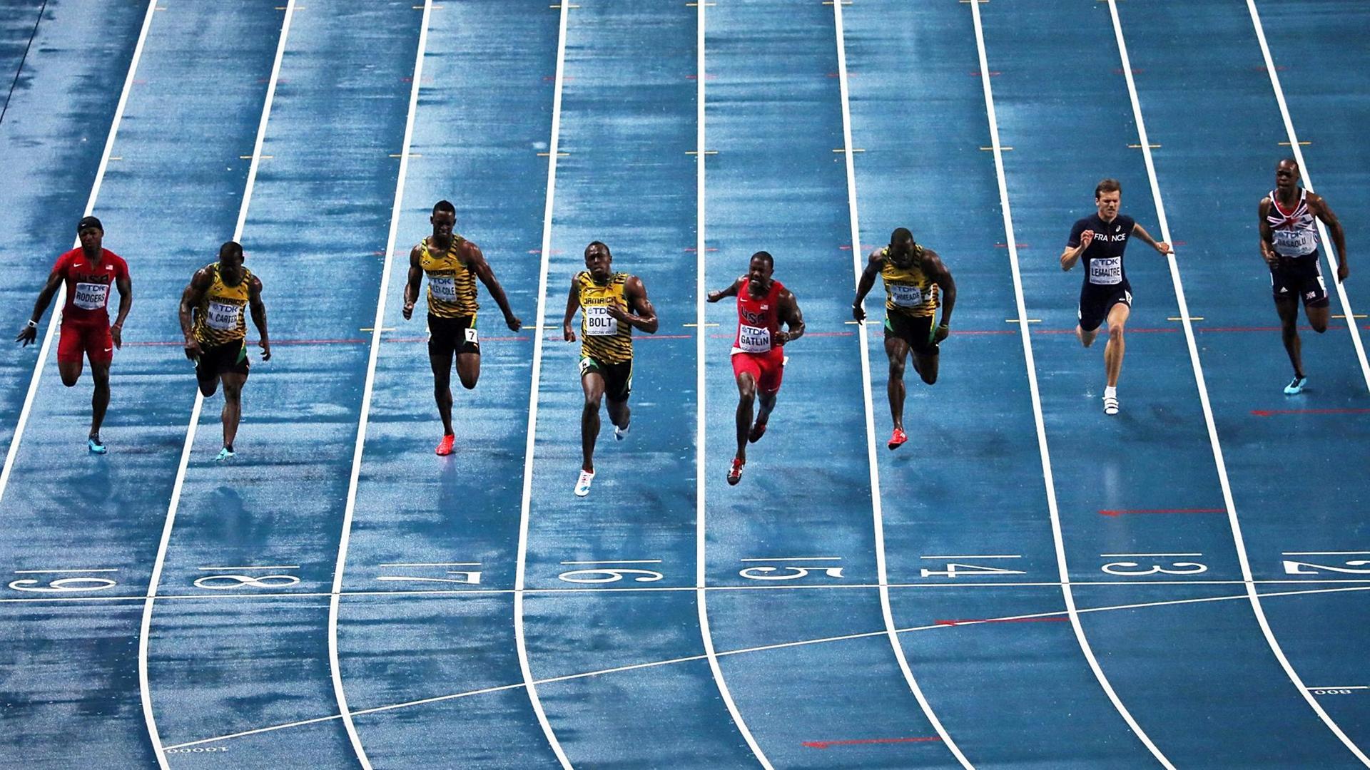 100-Meter-Finale bei der Leichtathletik-Weltmeisterschaft 2013 in Moskau, unter anderem mit Usain Bolt.
