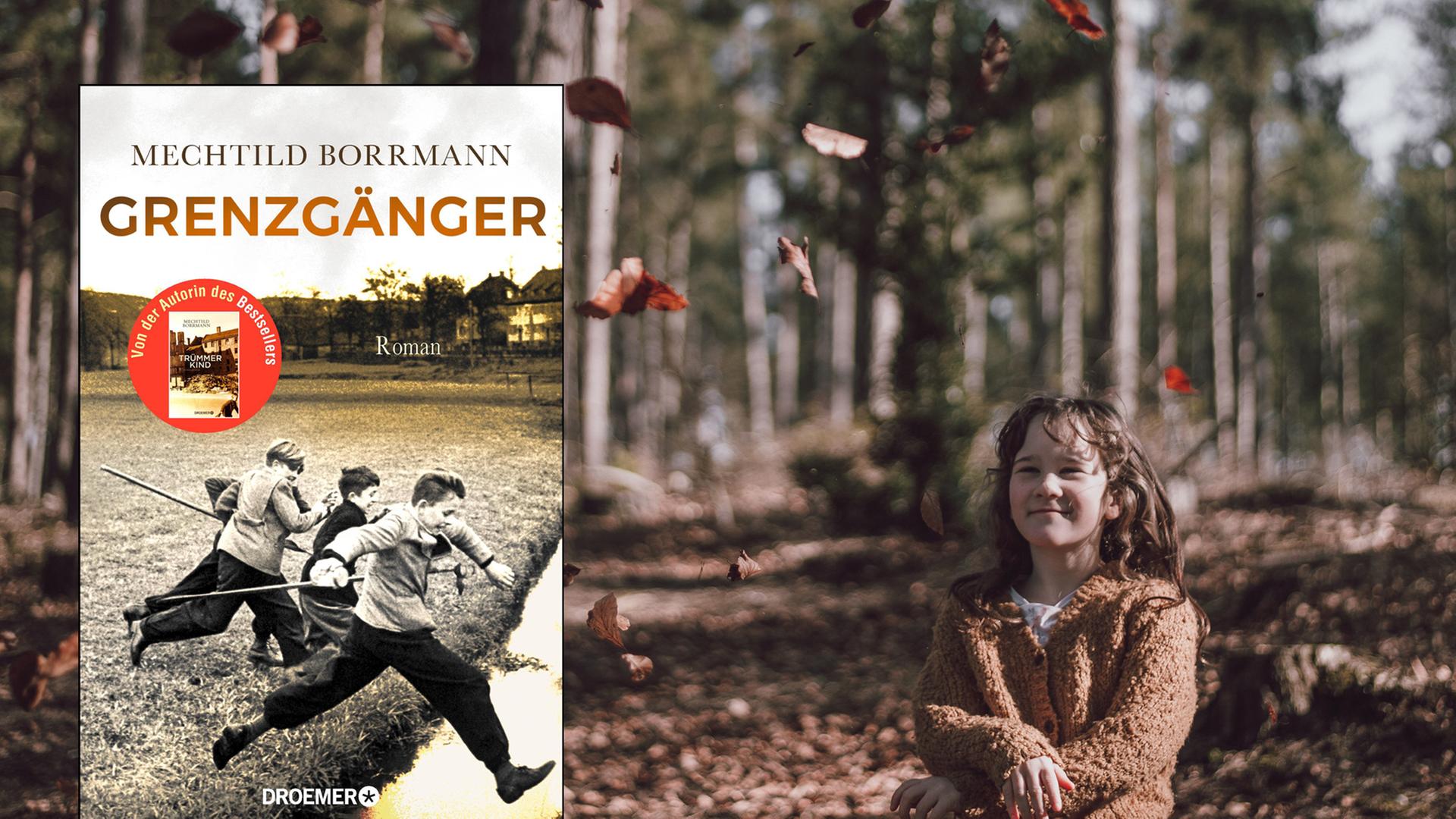 Cover von Mechthild Borrmanns Roman "Grenzgänger". Im Hibntergrund ist ein Mädchen zu sehen, das in einem Wald auf herabfallende Herbstblätter schaut.
