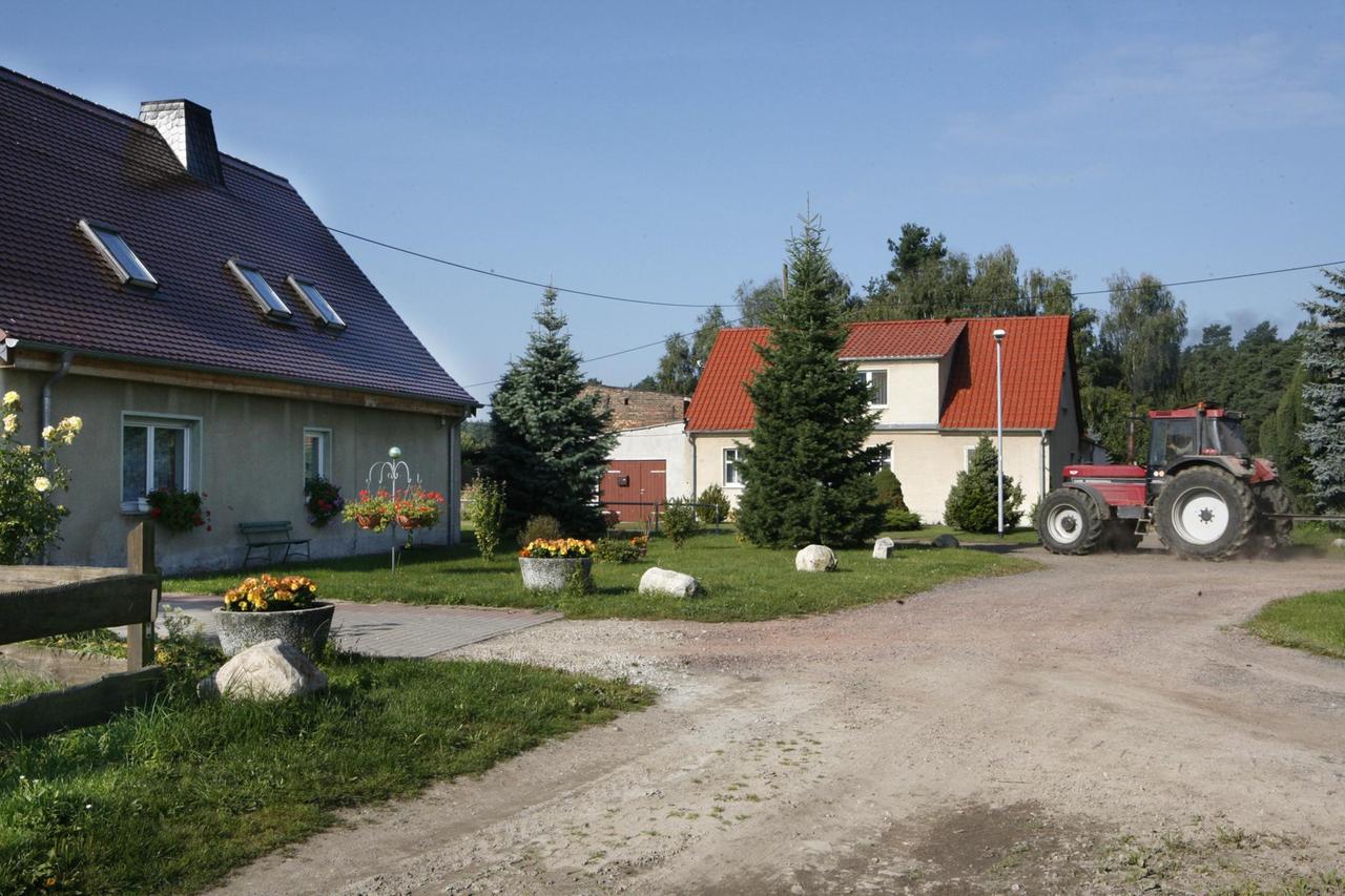 Man sieht zwei Häuser mit Kieswegen; vor einem steht ein Traktor.